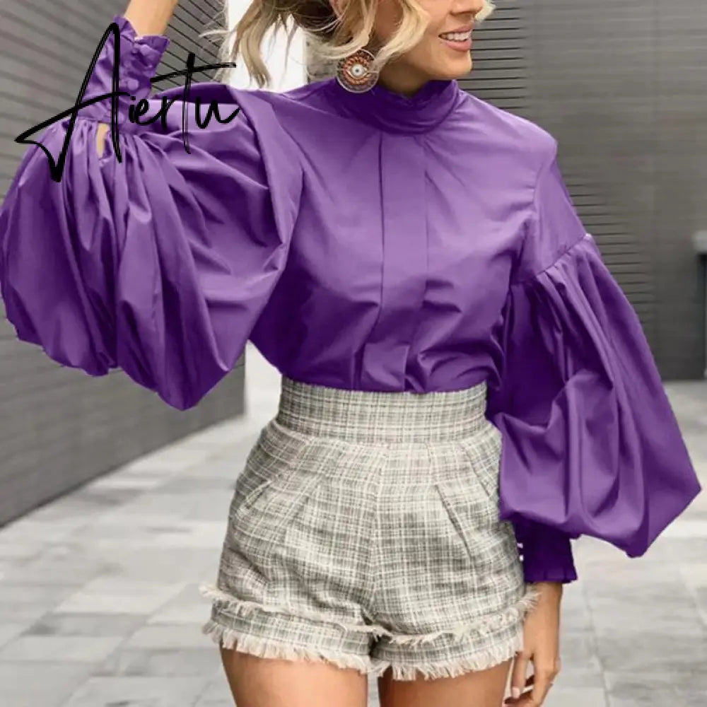 Aiertu Women Big Lantern Sleeve White Shirt Elegant Streetwear Party Blouse Fashion Stand Collar Casual Loose Blusas Tops Aiertu