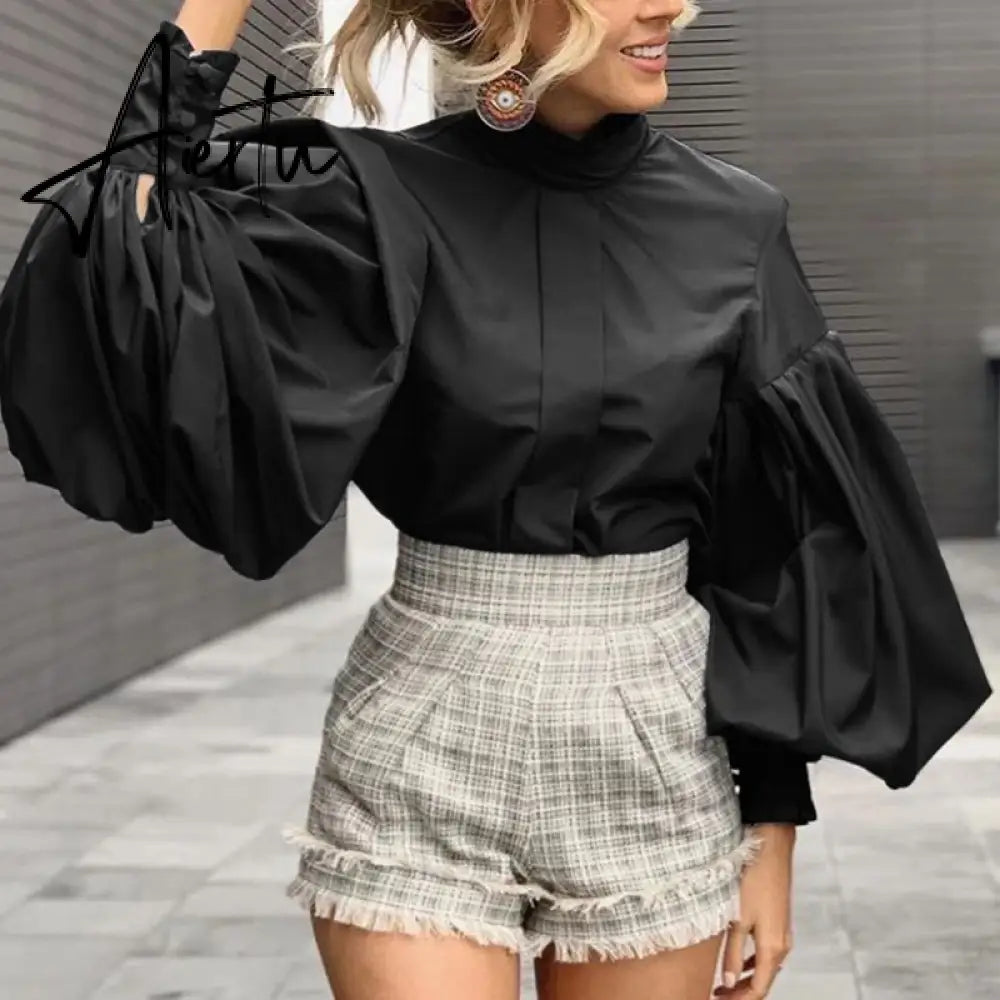 Aiertu Women Big Lantern Sleeve White Shirt Elegant Streetwear Party Blouse Fashion Stand Collar Casual Loose Blusas Tops Aiertu