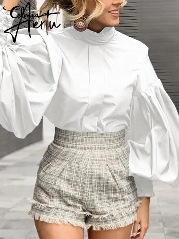 Aiertu Women Big Lantern Sleeve White Shirt Elegant Streetwear Party Blouse Fashion Stand Collar Casual Loose Blusas Tops Aiertu