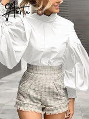 Aiertu Women Big Lantern Sleeve White Shirt Elegant Streetwear Party Blouse Fashion Stand Collar Casual Loose Blusas Tops Aiertu