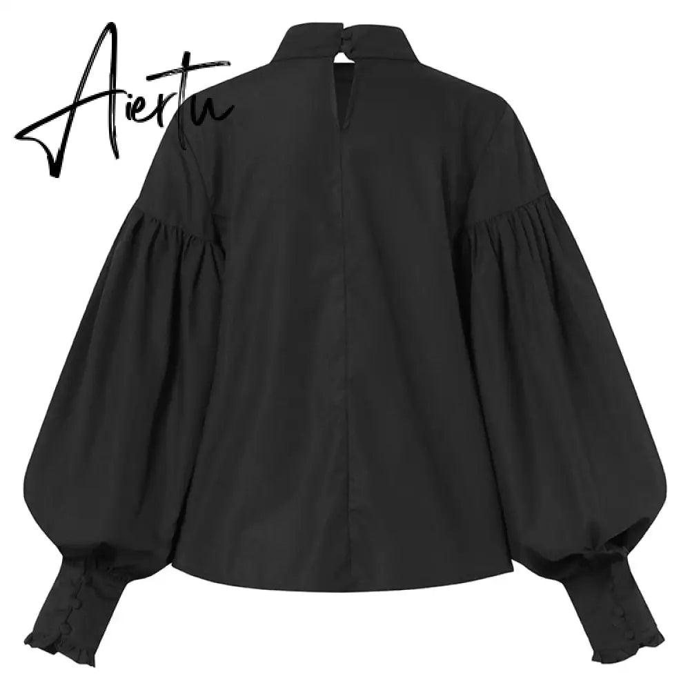 Aiertu Women Big Lantern Sleeve White Shirt Elegant Streetwear Party Blouse Fashion Stand Collar Casual Loose Blusas Tops Aiertu