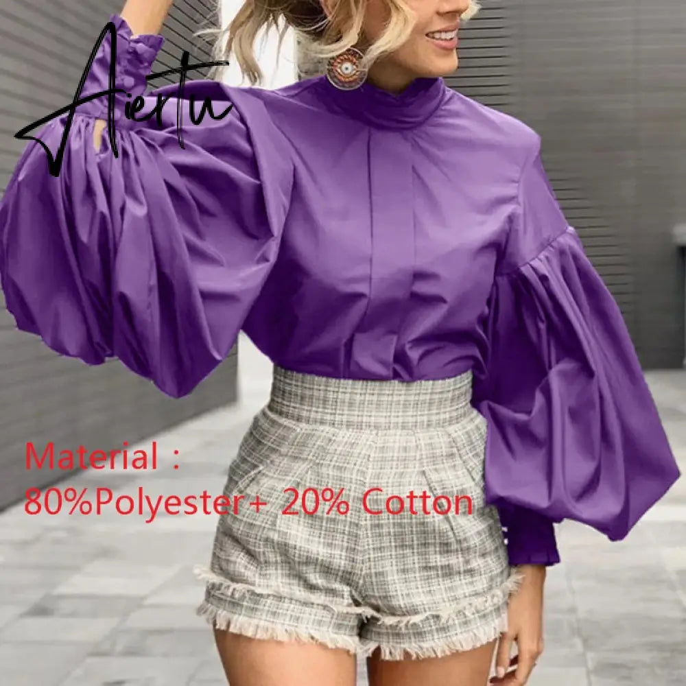Aiertu Women Big Lantern Sleeve White Shirt Elegant Streetwear Party Blouse Fashion Stand Collar Casual Loose Blusas Tops Aiertu