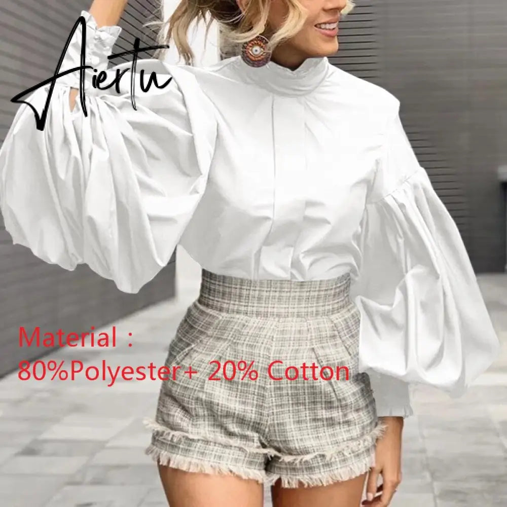 Aiertu Women Big Lantern Sleeve White Shirt Elegant Streetwear Party Blouse Fashion Stand Collar Casual Loose Blusas Tops Aiertu