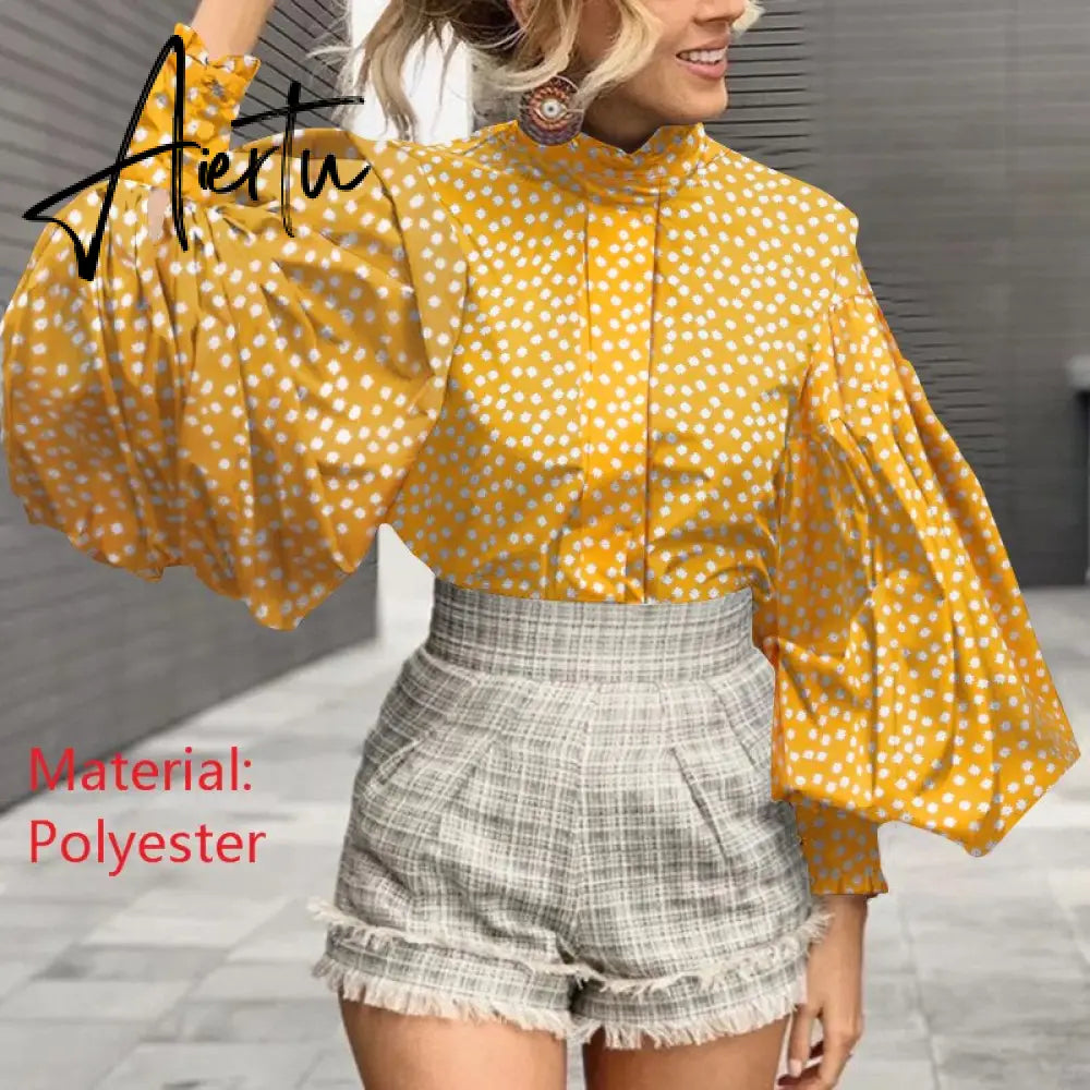 Aiertu Women Big Lantern Sleeve White Shirt Elegant Streetwear Party Blouse Fashion Stand Collar Casual Loose Blusas Tops Aiertu