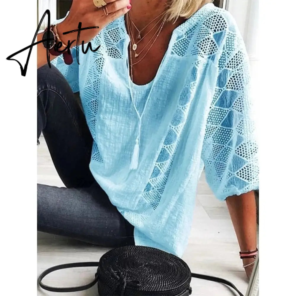 Aiertu Women Blouse Summer Tops Three Quarter Sleeve Cut Out Lace Female Shirt  Loose Casual Solid Pullover Thin Ladies Shirts Aiertu
