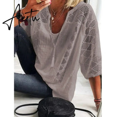 Aiertu Women Blouse Summer Tops Three Quarter Sleeve Cut Out Lace Female Shirt  Loose Casual Solid Pullover Thin Ladies Shirts Aiertu