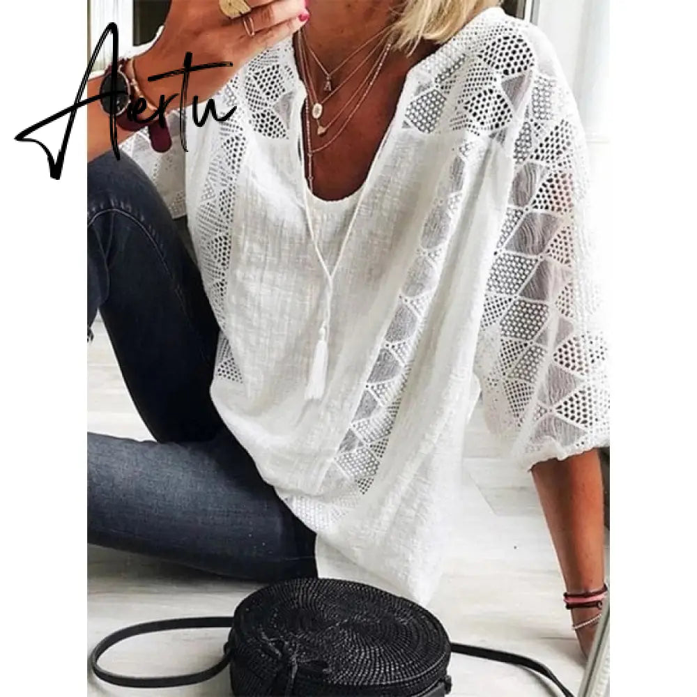 Aiertu Women Blouse Summer Tops Three Quarter Sleeve Cut Out Lace Female Shirt  Loose Casual Solid Pullover Thin Ladies Shirts Aiertu