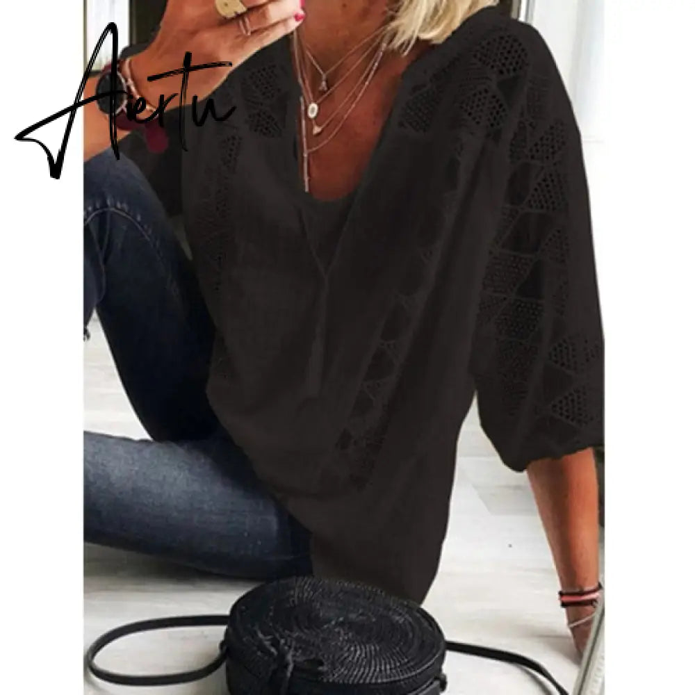 Aiertu Women Blouse Summer Tops Three Quarter Sleeve Cut Out Lace Female Shirt  Loose Casual Solid Pullover Thin Ladies Shirts Aiertu