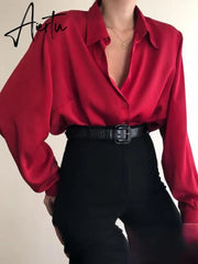 Aiertu Women Button Blouses Turn Down Collar Shirts Office Lady Long Sleeve Casual Blouse Loose OL Shirt Baggy Tops Red/Wine Red /Black Aiertu