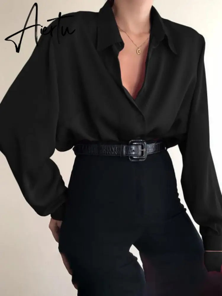 Aiertu Women Button Blouses Turn Down Collar Shirts Office Lady Long Sleeve Casual Blouse Loose OL Shirt Baggy Tops Red/Wine Red /Black Aiertu