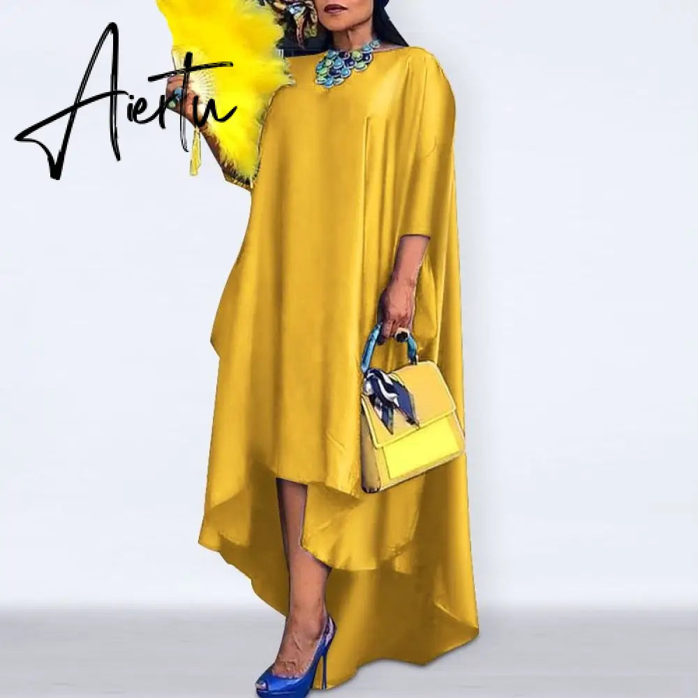 Aiertu   Women Casual 2/3 Sleeve Irregular Maxi Dress  Robe Spring O Neck Asymmetrical Pleated Vestidos Elegant Long Sundress Aiertu