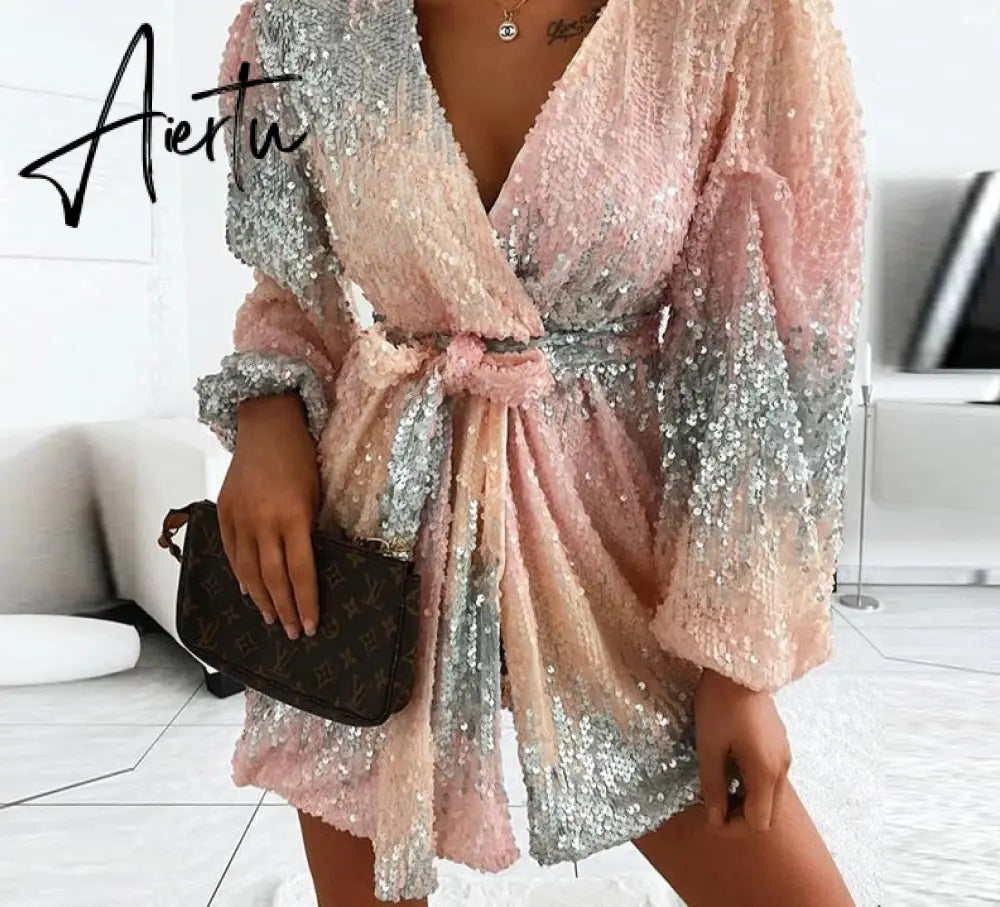 Aiertu  Women Chic Deep V neck Sequin Sashes Lantern Sleeve Mini Sexy Party Gradient colour Dress Aiertu