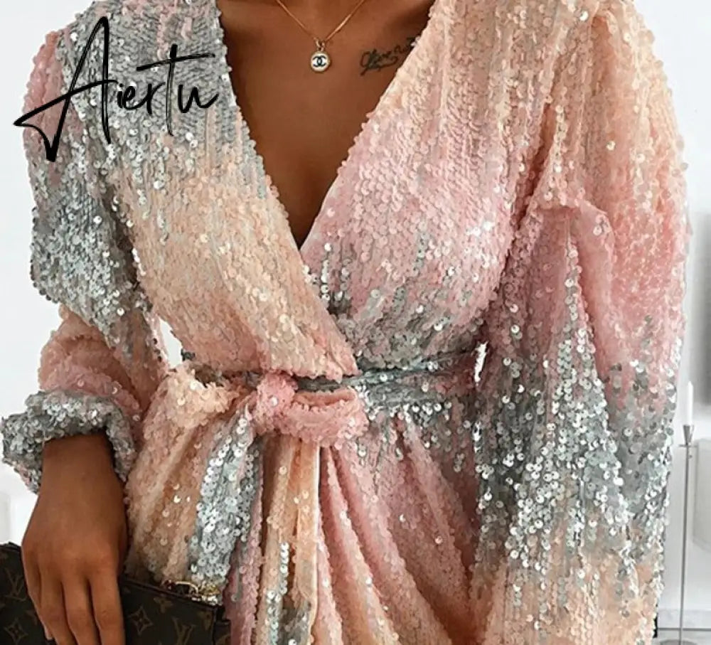 Aiertu  Women Chic Deep V neck Sequin Sashes Lantern Sleeve Mini Sexy Party Gradient colour Dress Aiertu