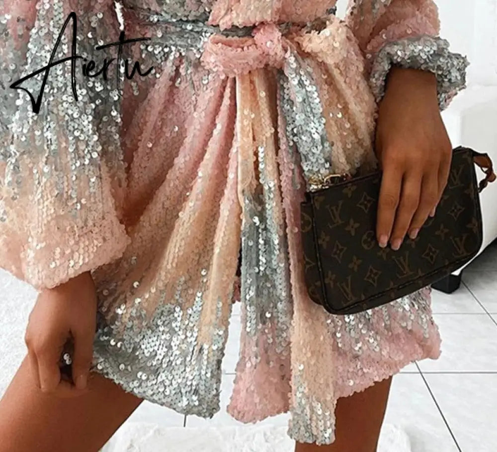 Aiertu  Women Chic Deep V neck Sequin Sashes Lantern Sleeve Mini Sexy Party Gradient colour Dress Aiertu
