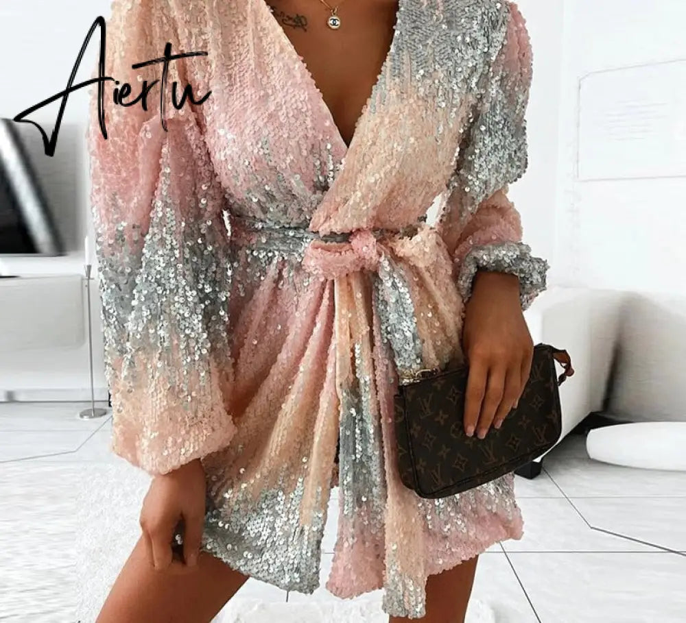 Aiertu  Women Chic Deep V neck Sequin Sashes Lantern Sleeve Mini Sexy Party Gradient colour Dress Aiertu