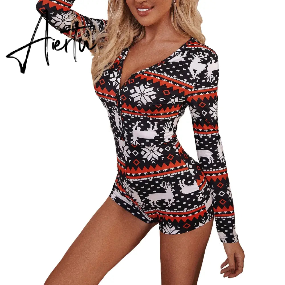 Aiertu  Women Christmas Printed Pattern Pajama Button V-neck Long Sleeve Bodycon Playsuit Casual Homewear Red/ Wine Red/ Navy/ Black Aiertu