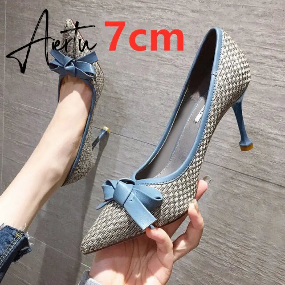 Aiertu Women Cute Blue Comfortable Office High Heel Shoes Lady fashion Sweet Spring Slip On High Heel Pumps Mujer Tacones Altos E273 Aiertu