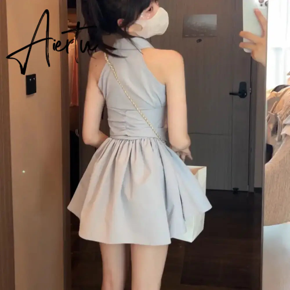 Aiertu Women Dress Solid Kawaii Shirt Dresses Turn Down Collar Preppy Style Sleeveless High Waist Robe Loose Y2k Elegant Streetwear Aiertu