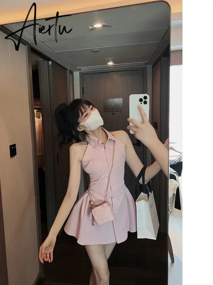 Aiertu Women Dress Solid Kawaii Shirt Dresses Turn Down Collar Preppy Style Sleeveless High Waist Robe Loose Y2k Elegant Streetwear Aiertu