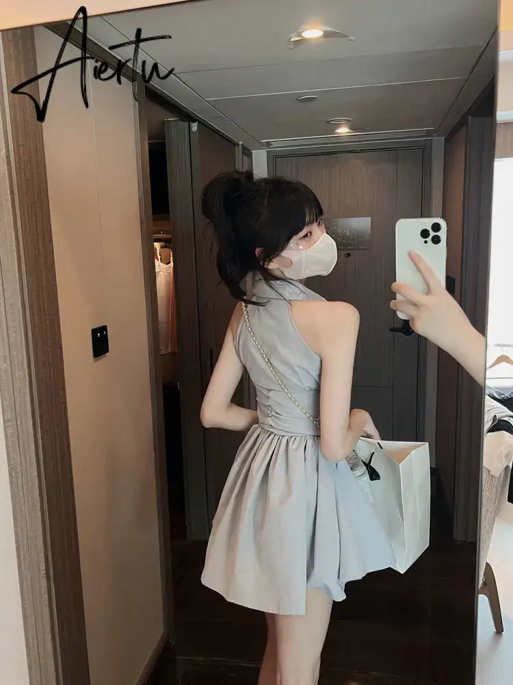 Aiertu Women Dress Solid Kawaii Shirt Dresses Turn Down Collar Preppy Style Sleeveless High Waist Robe Loose Y2k Elegant Streetwear Aiertu