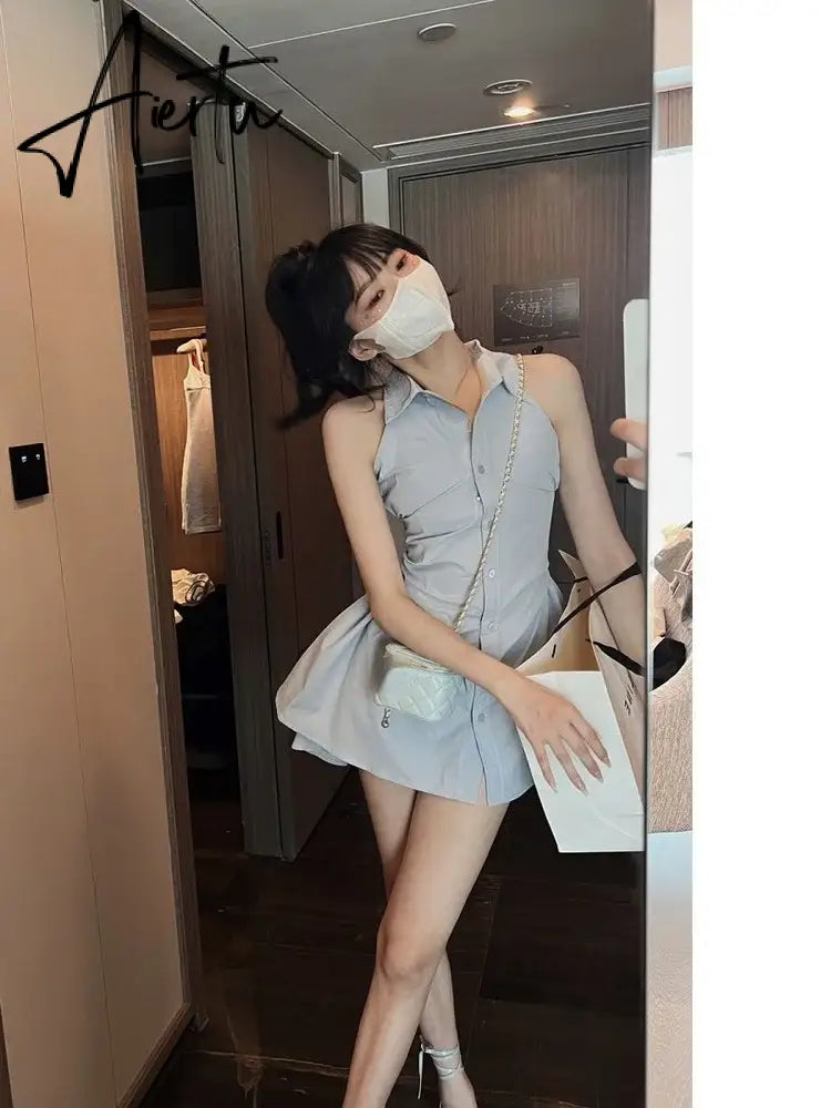 Aiertu Women Dress Solid Kawaii Shirt Dresses Turn Down Collar Preppy Style Sleeveless High Waist Robe Loose Y2k Elegant Streetwear Aiertu
