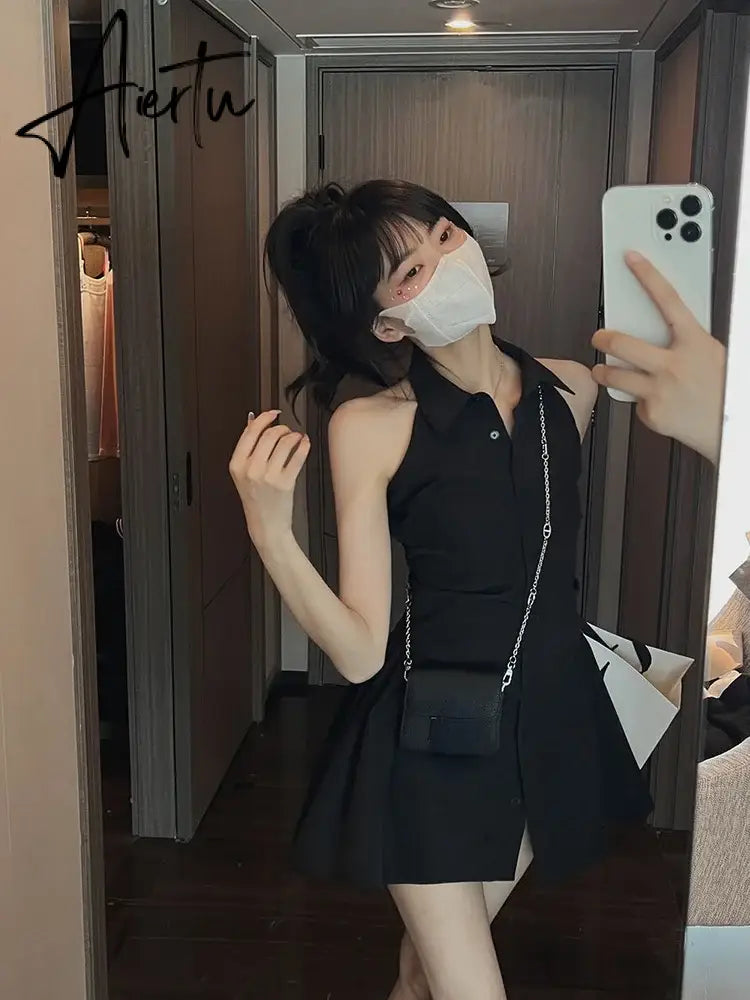 Aiertu Women Dress Solid Kawaii Shirt Dresses Turn Down Collar Preppy Style Sleeveless High Waist Robe Loose Y2k Elegant Streetwear Aiertu