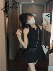 Aiertu Women Dress Solid Kawaii Shirt Dresses Turn Down Collar Preppy Style Sleeveless High Waist Robe Loose Y2k Elegant Streetwear Aiertu