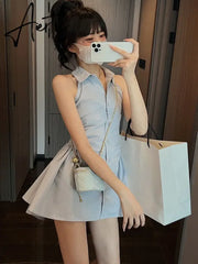 Aiertu Women Dress Solid Kawaii Shirt Dresses Turn Down Collar Preppy Style Sleeveless High Waist Robe Loose Y2k Elegant Streetwear Aiertu