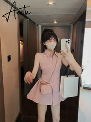 Aiertu Women Dress Solid Kawaii Shirt Dresses Turn Down Collar Preppy Style Sleeveless High Waist Robe Loose Y2k Elegant Streetwear Aiertu