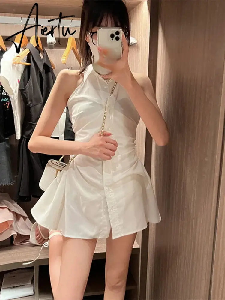Aiertu Women Dress Solid Kawaii Shirt Dresses Turn Down Collar Preppy Style Sleeveless High Waist Robe Loose Y2k Elegant Streetwear Aiertu