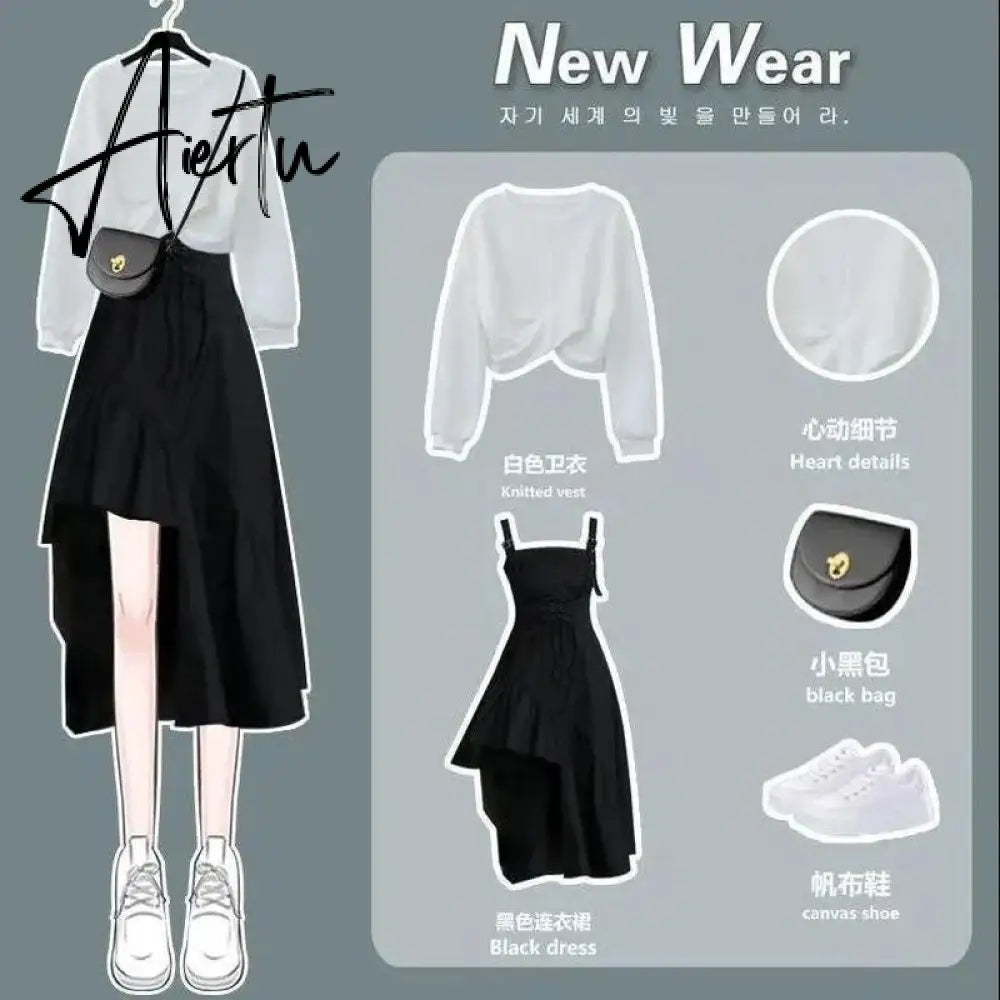 Aiertu Women Dress Suit Autumn New Temperament Dress Design Sense Niche Strap Skirt Two-piece Sets Elegant Sweet Girl Streetwear Aiertu
