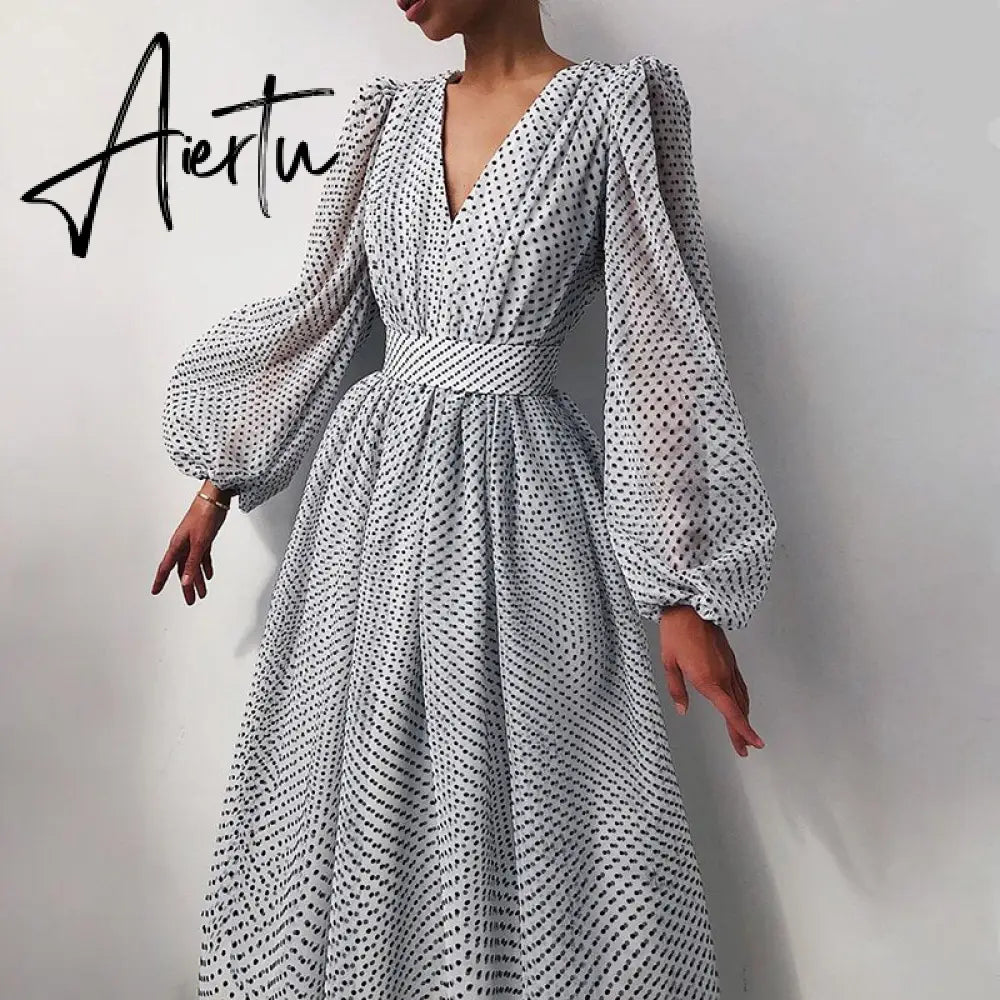 Aiertu Women Elegant Dress Summer Polka Dots Temperament Long Dresses Autumn V-neck Puff Sleeve Lantern Sleeve Ladies Dress Aiertu