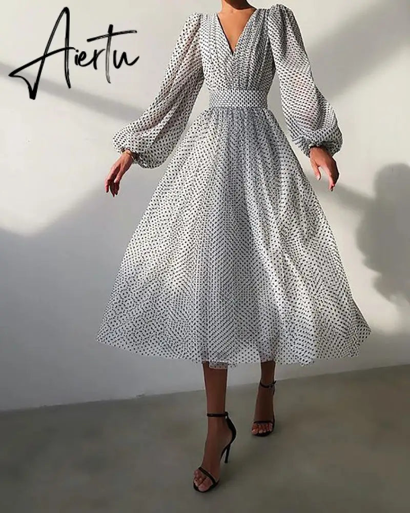 Aiertu Women Elegant Dress Summer Polka Dots Temperament Long Dresses Autumn V-neck Puff Sleeve Lantern Sleeve Ladies Dress Aiertu