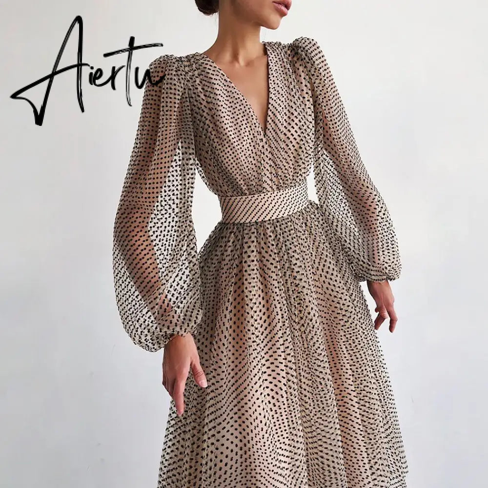 Aiertu Women Elegant Dress Summer Polka Dots Temperament Long Dresses Autumn V-neck Puff Sleeve Lantern Sleeve Ladies Dress Aiertu