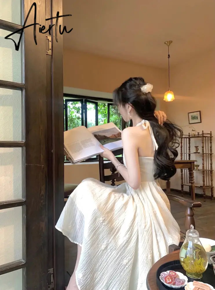 Aiertu Women Elegant Evening Party Midi Dress Summer 2024 New Fashion Princess Embroider Vestidos Female Korean Design Slim Clothes Aiertu