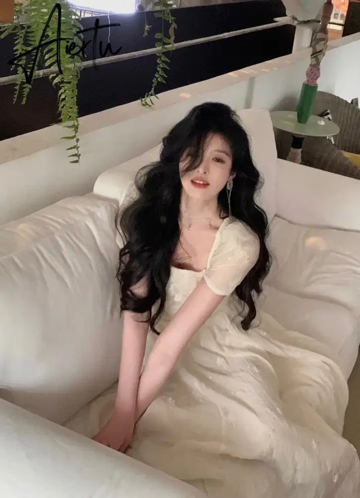 Aiertu Women Elegant Evening Party Midi Dress Summer 2024 New Fashion Princess Embroider Vestidos Female Korean Design Slim Clothes Aiertu