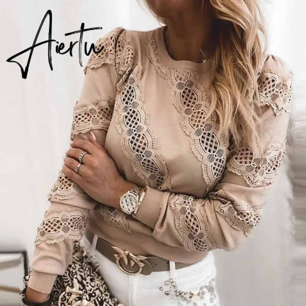 Aiertu Women Elegant Lace Patchwork Hollow Out Long Sleeve Blouses Shirts Fashion O-Neck Bow Solid Tops Ladies Casual Streetwear Blusa Aiertu