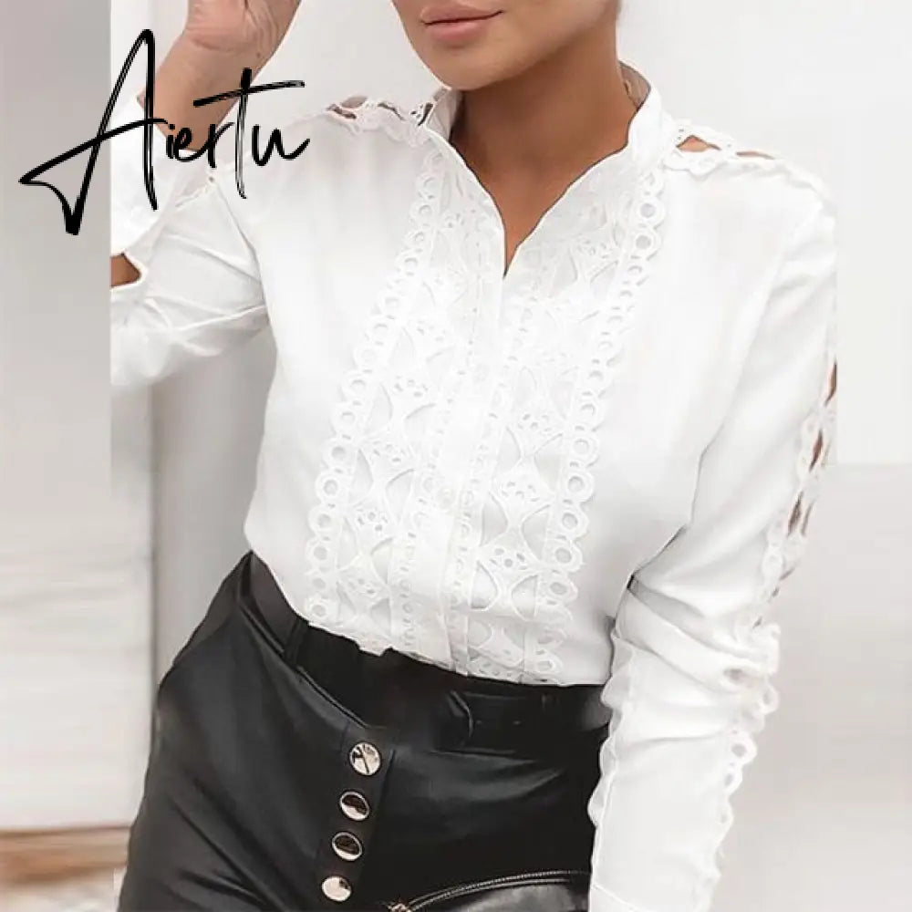 Aiertu Women Elegant Lace Patchwork Hollow Out Long Sleeve Blouses Shirts Fashion O-Neck Bow Solid Tops Ladies Casual Streetwear Blusa Aiertu