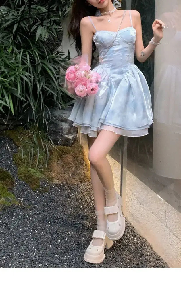 Aiertu Women Elegant Summer Sleeveless Blue Birthday Party Dress Lady High Waist A-line Princess Dress Flare Sleeve Patchwork Y2k Dress Aiertu
