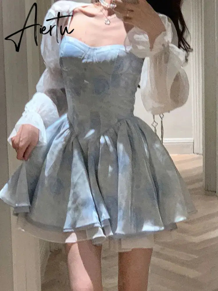 Aiertu Women Elegant Summer Sleeveless Blue Birthday Party Dress Lady High Waist A-line Princess Dress Flare Sleeve Patchwork Y2k Dress Aiertu
