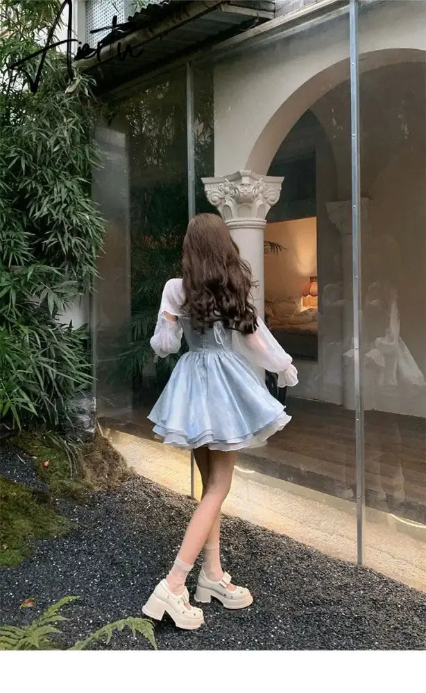 Aiertu Women Elegant Summer Sleeveless Blue Birthday Party Dress Lady High Waist A-line Princess Dress Flare Sleeve Patchwork Y2k Dress Aiertu