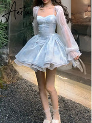 Aiertu Women Elegant Summer Sleeveless Blue Birthday Party Dress Lady High Waist A-line Princess Dress Flare Sleeve Patchwork Y2k Dress Aiertu