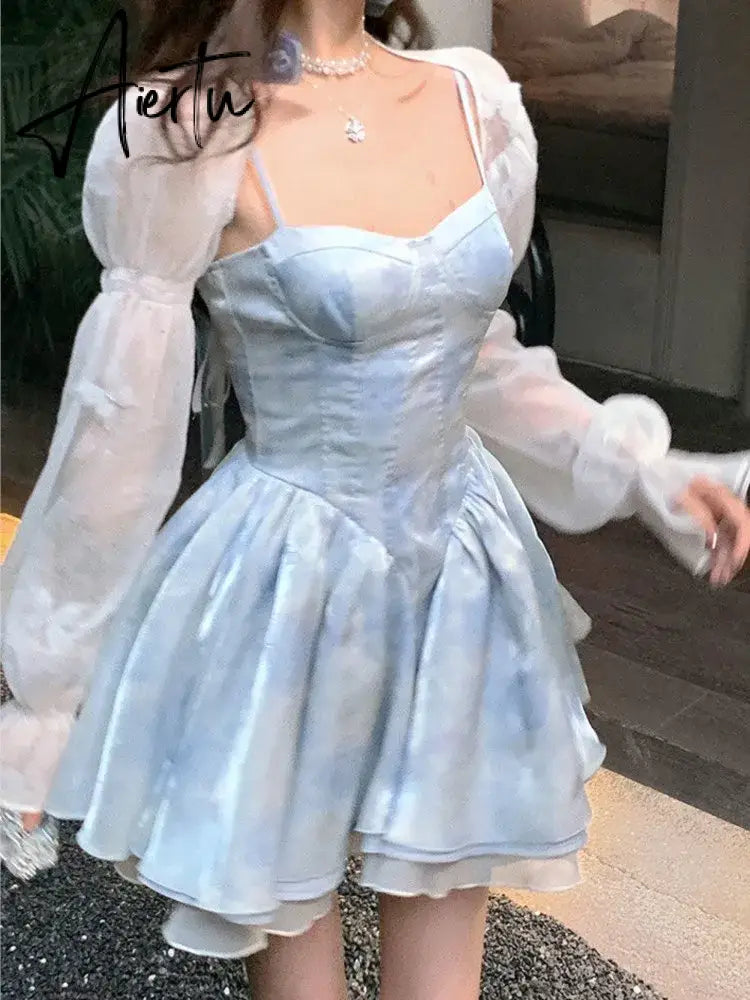Aiertu Women Elegant Summer Sleeveless Blue Birthday Party Dress Lady High Waist A-line Princess Dress Flare Sleeve Patchwork Y2k Dress Aiertu