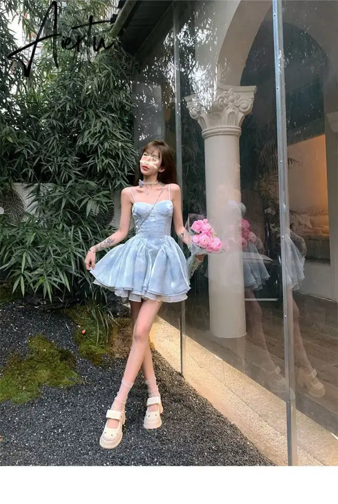 Aiertu Women Elegant Summer Sleeveless Blue Birthday Party Dress Lady High Waist A-line Princess Dress Flare Sleeve Patchwork Y2k Dress Aiertu