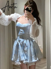Aiertu Women Elegant Summer Sleeveless Blue Birthday Party Dress Lady High Waist A-line Princess Dress Flare Sleeve Patchwork Y2k Dress Aiertu