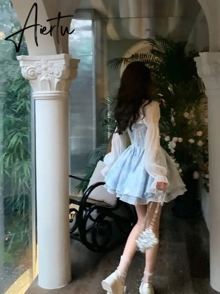 Aiertu Women Elegant Summer Sleeveless Blue Birthday Party Dress Lady High Waist A-line Princess Dress Flare Sleeve Patchwork Y2k Dress Aiertu