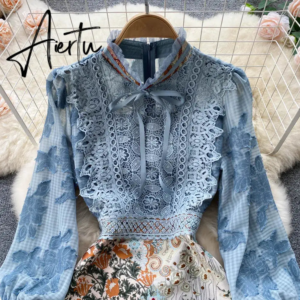 Aiertu   Women Embroidery French Style Dress Summer  Lace Splice Elegant Bow Neck Long Sleeves Ladies A Line Midi Dresses Aiertu