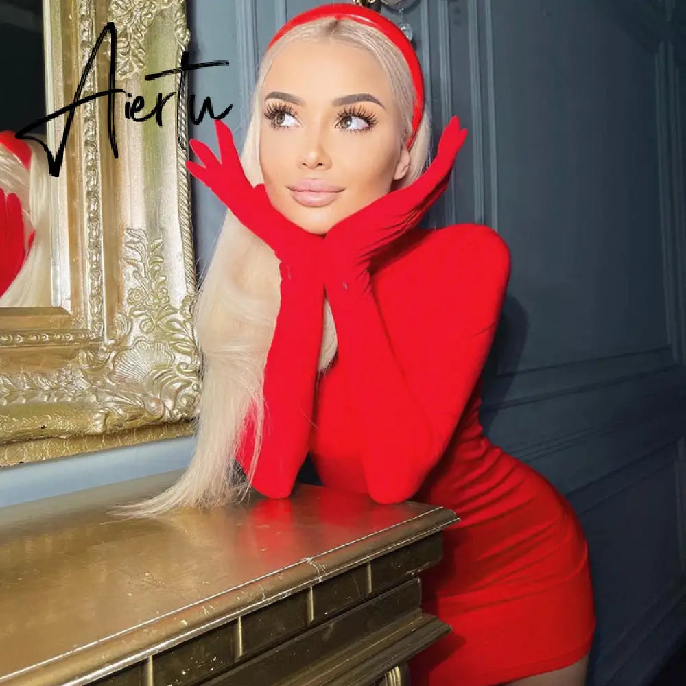 Aiertu Women Fall Fashion Bodycon Folds Pure Color Long Sleeves With Gloves Mini Dress Female Clothing Streetwear Y2K Aiertu