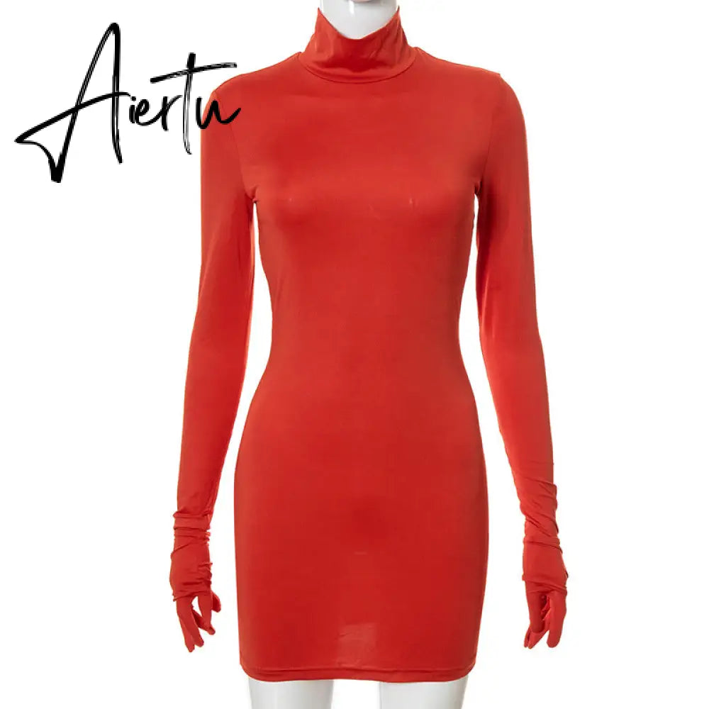 Aiertu Women Fall Fashion Bodycon Folds Pure Color Long Sleeves With Gloves Mini Dress Female Clothing Streetwear Y2K Aiertu