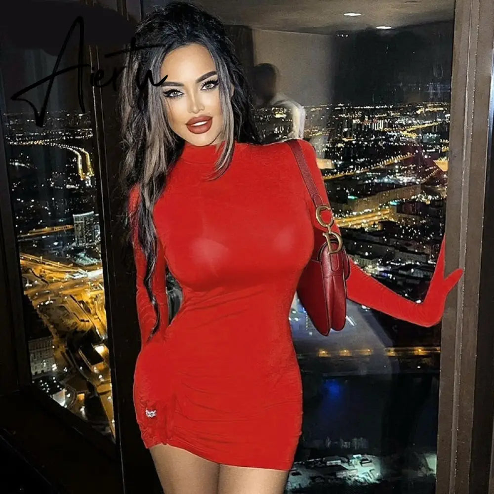 Aiertu Women Fall Fashion Bodycon Folds Pure Color Long Sleeves With Gloves Mini Dress Female Clothing Streetwear Y2K Aiertu